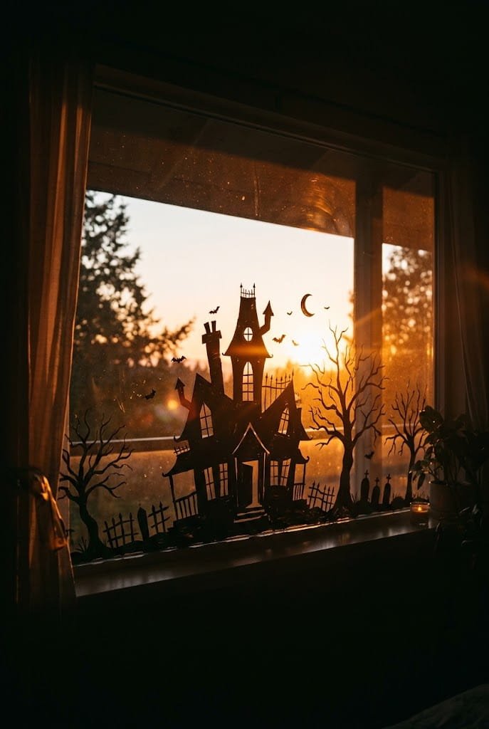 Haunted Victorian house silhouette skyline for spooky window silhouettes DIY.