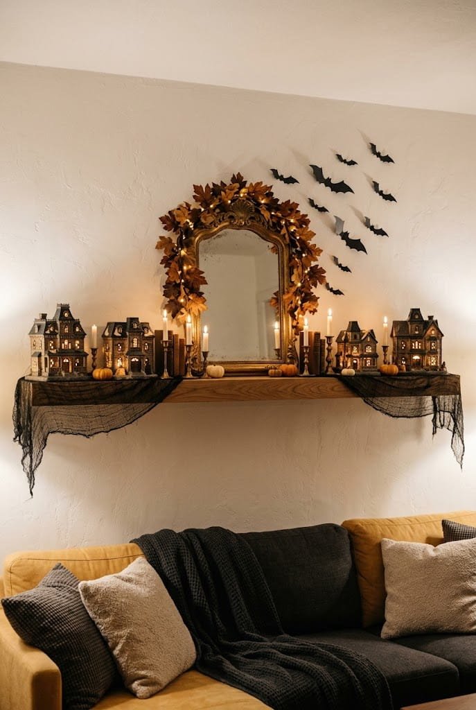 Floating oak shelf with illuminated haunted houses and gold mirror for classy living room halloween decor on a budget.