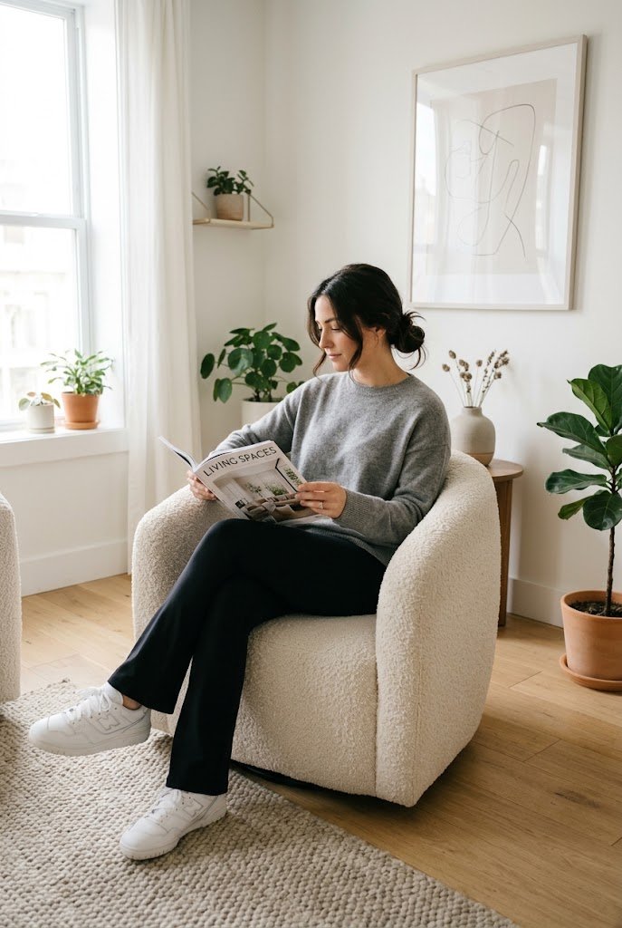 Heather grey crewneck knit sweater paired with black flare leggings for casual flare leggings outfit ideas.