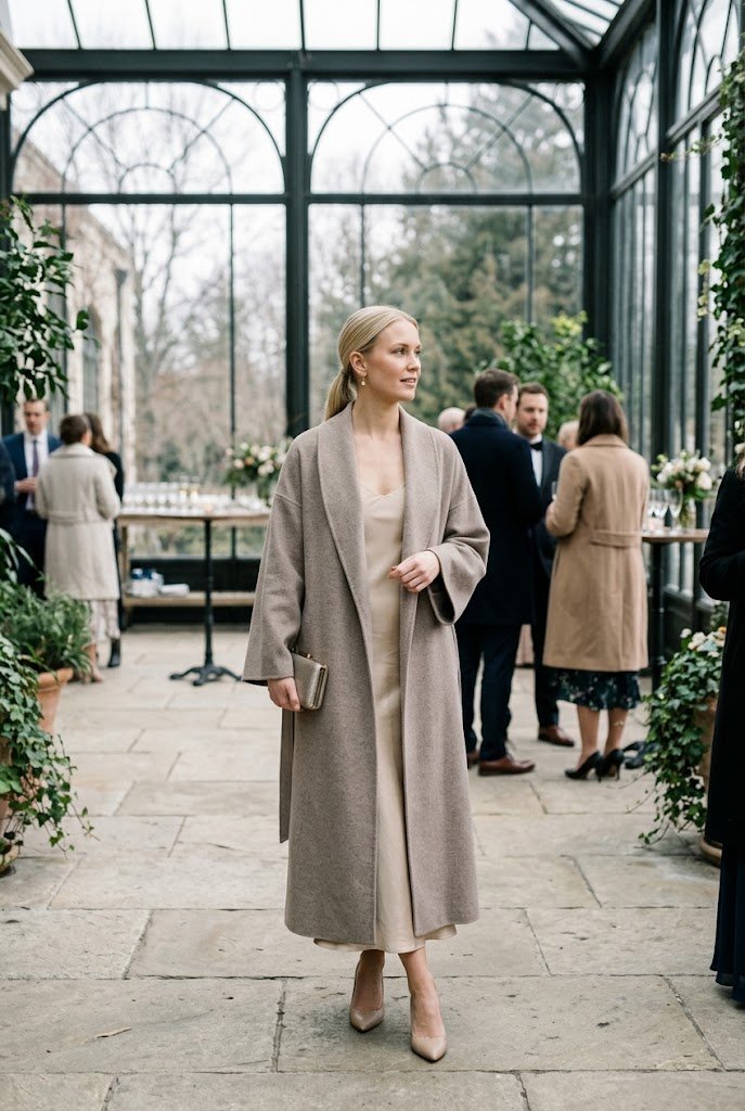 Ankle length heather taupe cashmere duster for winter wedding coat options.