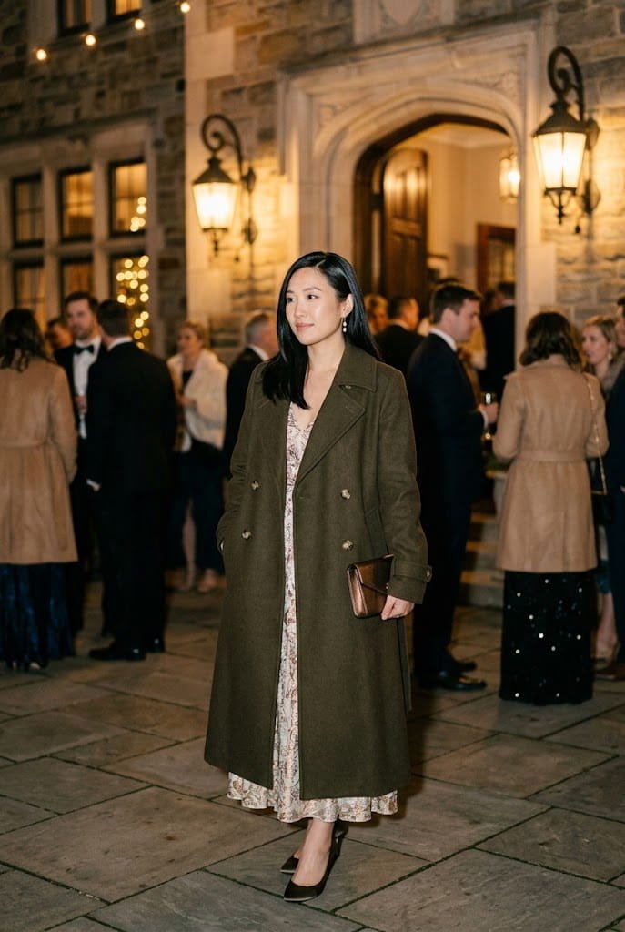 Heavy wool blend trench coat worn as outerwear for winter wedding guest styling.