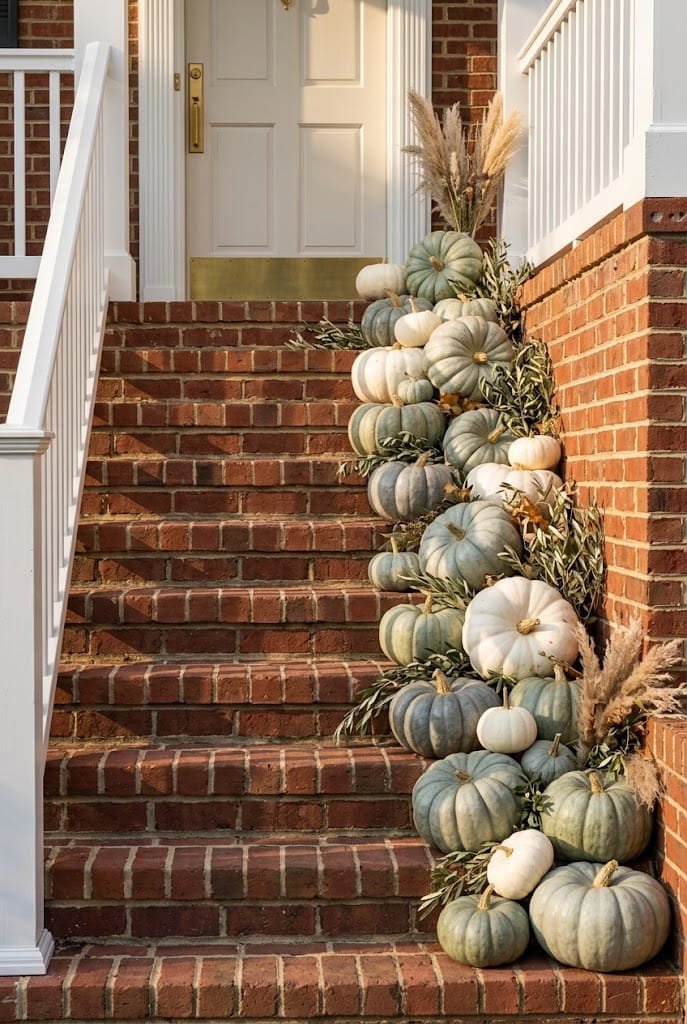 Asymmetrical heirloom pumpkin cascade on brick porch steps for aesthetic halloween outdoor decor ideas.