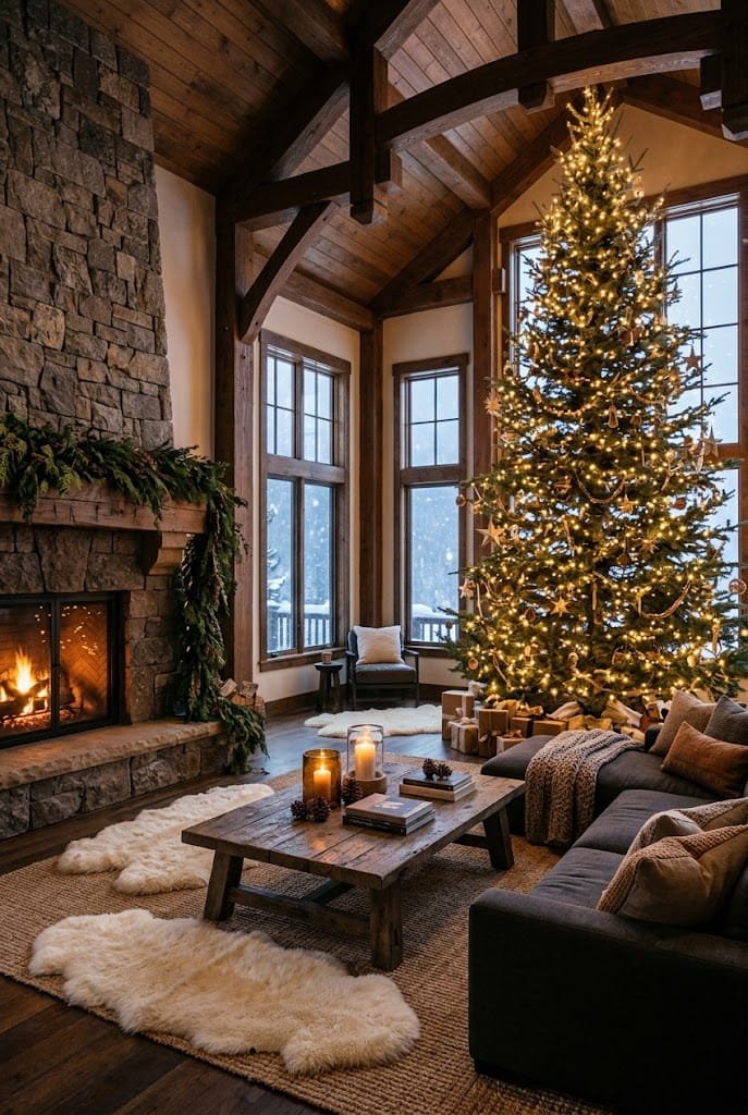 High ceiling great room with 10-foot Christmas tree and charcoal sectional for rustic christmas living room decor.
