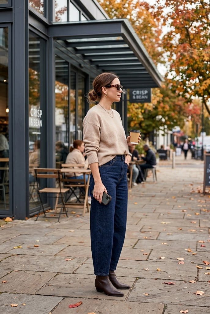 High rise barrel jeans styled with a relaxed sweater for how to hide apron belly in jeans.