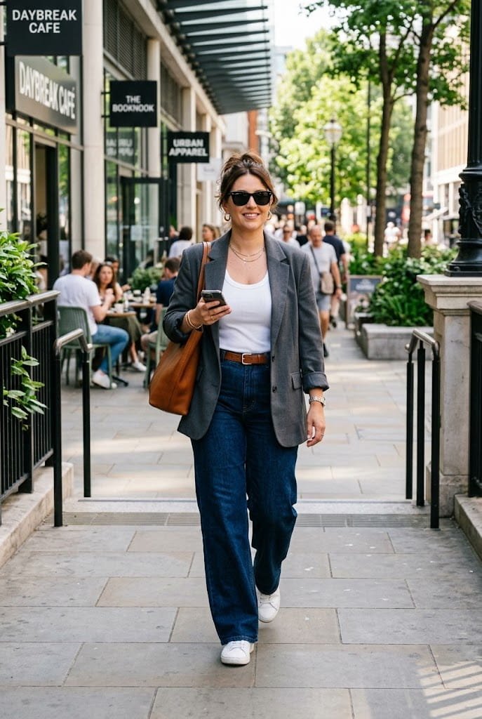 High rise wide leg jeans paired with an open blazer for flattering apron belly outfits for ladies.