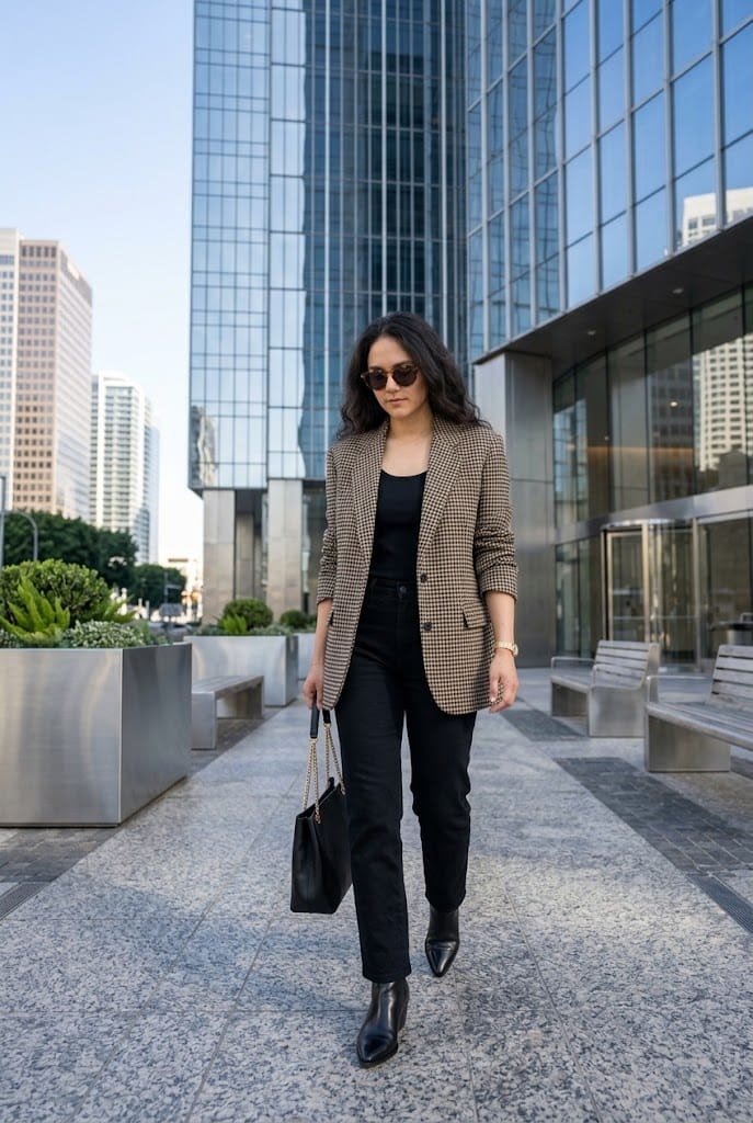 Houndstooth blazer styled with clean black straight jeans for fall casual Friday work outfits.