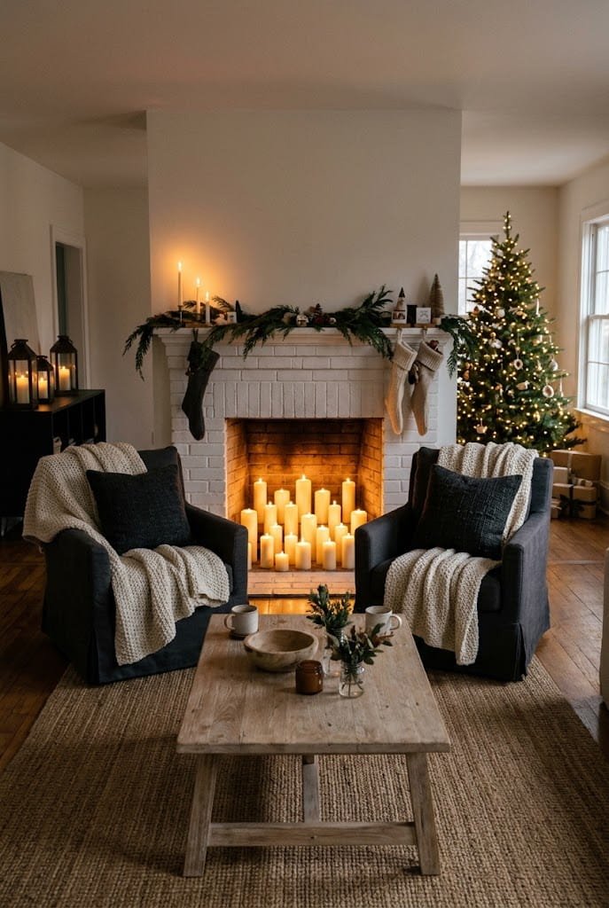 Candlelit fireplace hearth with twenty pillar candles and armchairs for cozy christmas living room decor.