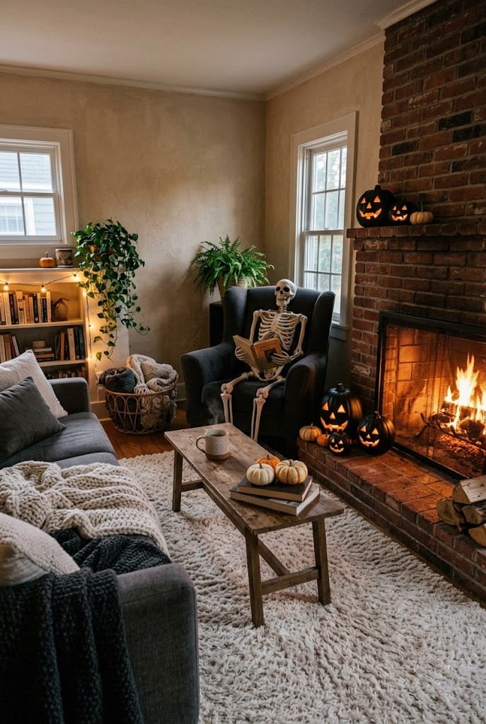 Brick fireplace with black jack-o-lanterns and skeleton in armchair for cozy living room halloween decor.