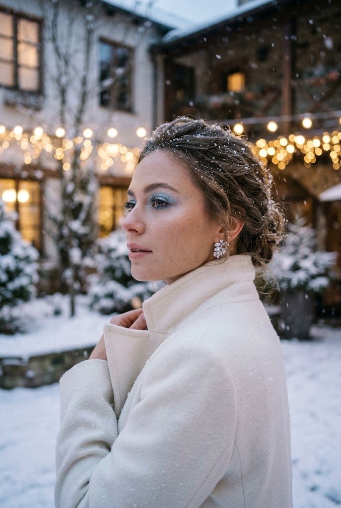 Ice blue frosted shimmer eyelids with pink nude lips for festive christmas makeup.