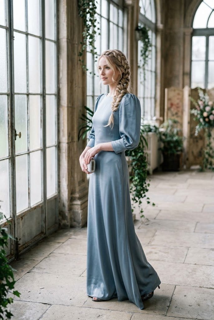 Icy slate blue satin winter wedding guest dress with lantern sleeves and side braid hairstyle.