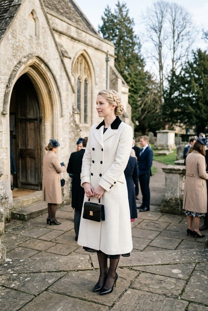 Tailored ivory bouclé coat with velvet collar for what coat to wear to a winter wedding.