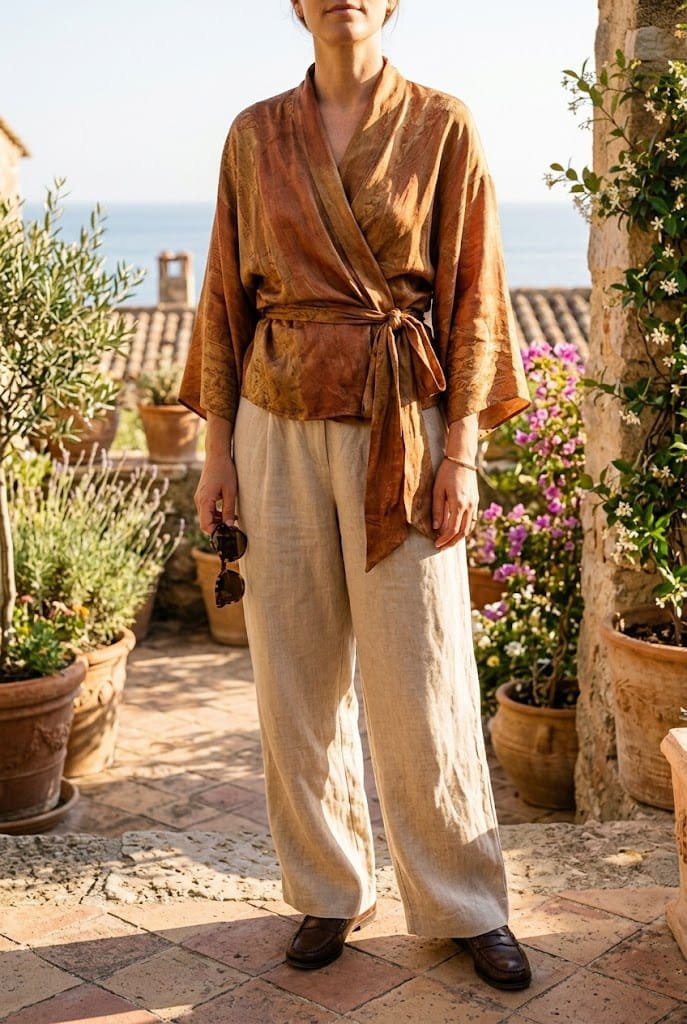 Kimono wrap cardigan styled with wide-leg linen pants for plus size apron belly outfits.