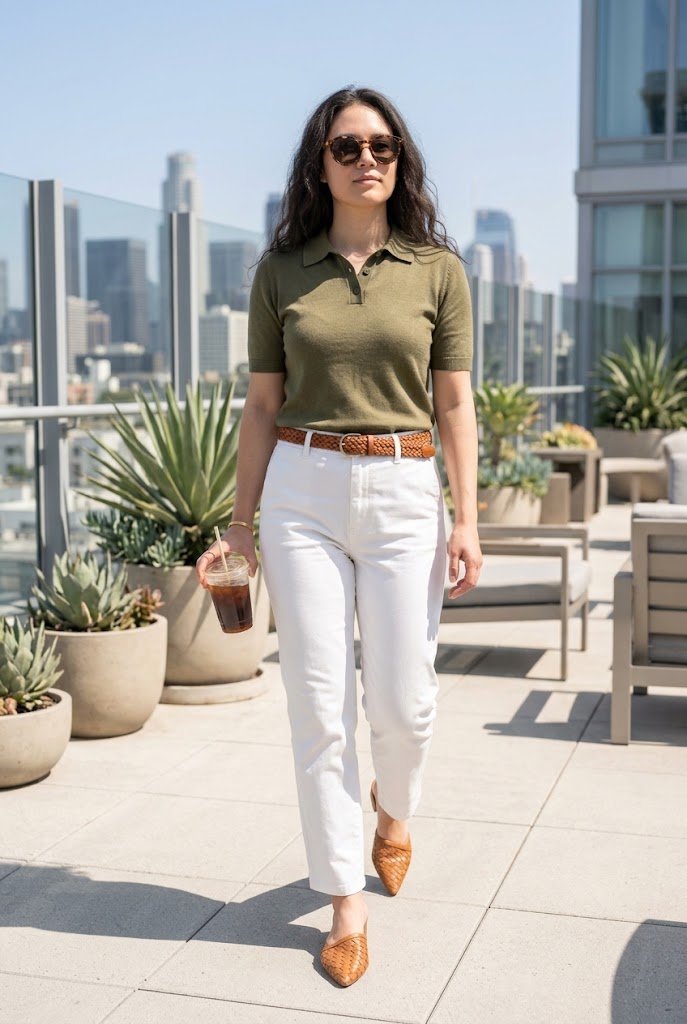 Short sleeve knit polo shirt tucked into white chinos for summer casual Friday office look.