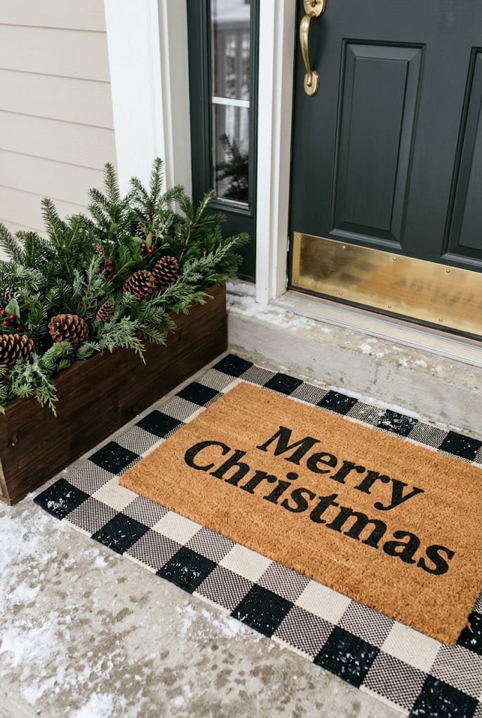 Layered buffalo check and coir holiday doormat with cedar planter box for small christmas porch ideas.