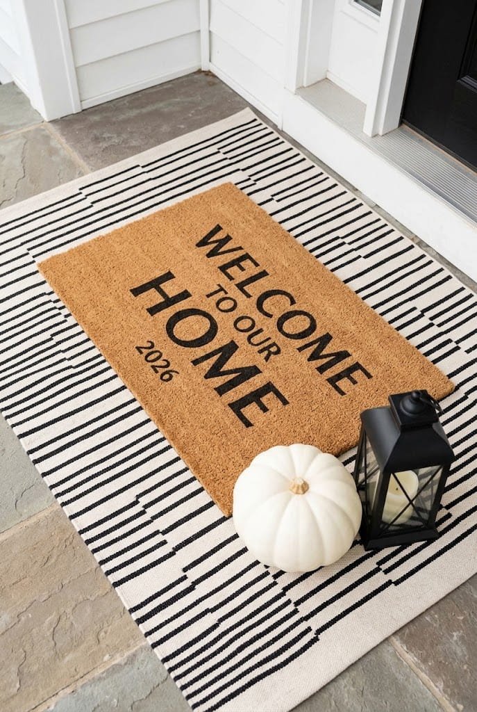 Layered striped runner and natural coir doormat for cute outdoor halloween decorations.