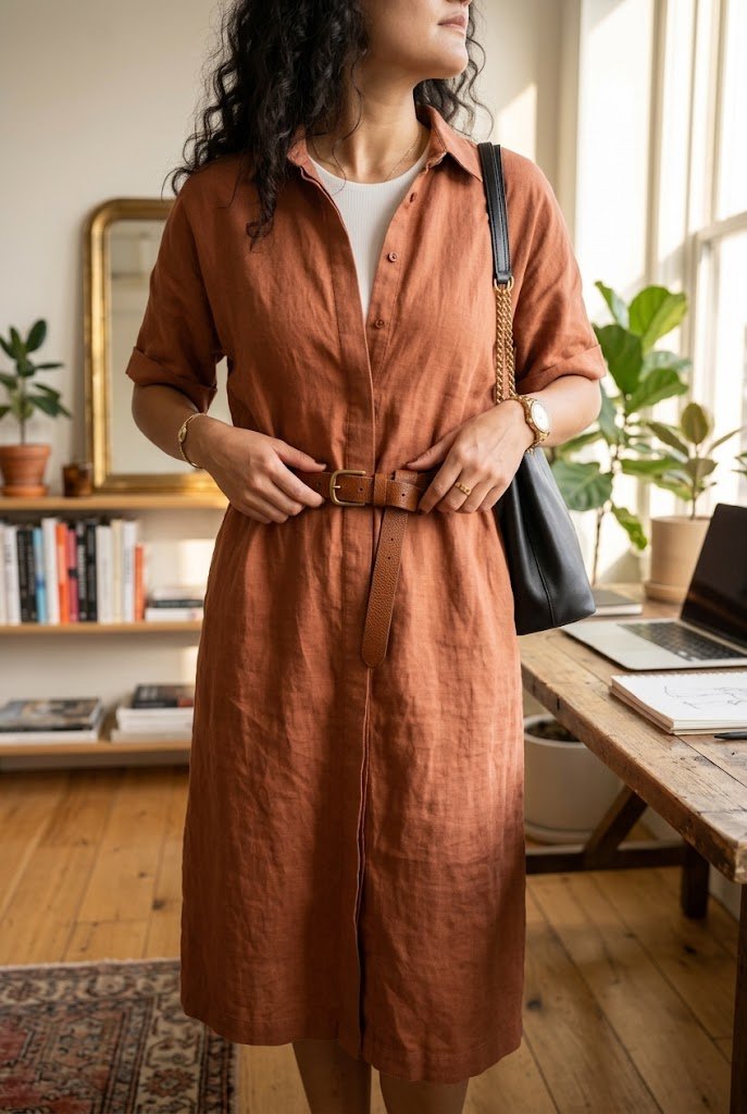 Washed linen midi shirt dress cinched with a leather belt for summer casual Friday office wear.