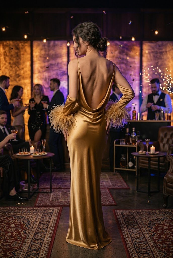 Liquid gold satin slip dress with subtle feather cuffs for chic & aesthetic Halloween party outfits.