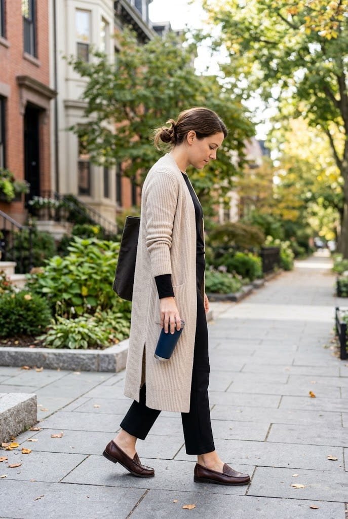Longline ribbed cardigan duster with black ponte pants for comfortable apron belly outfits for ladies.