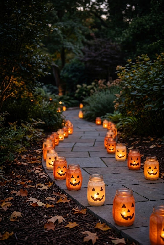 Glowing mason jar jack-o-lanterns lining garden path for budget friendly outdoor halloween decor.