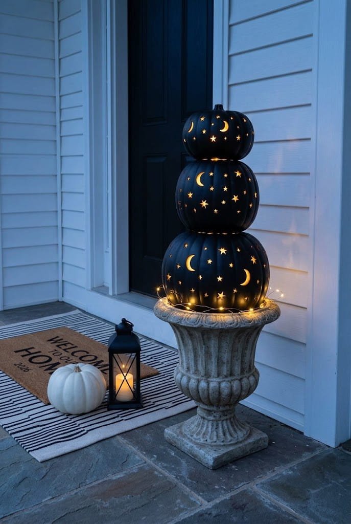 Matte black pumpkin topiary with celestial cutouts for aesthetic halloween outdoor decor ideas.
