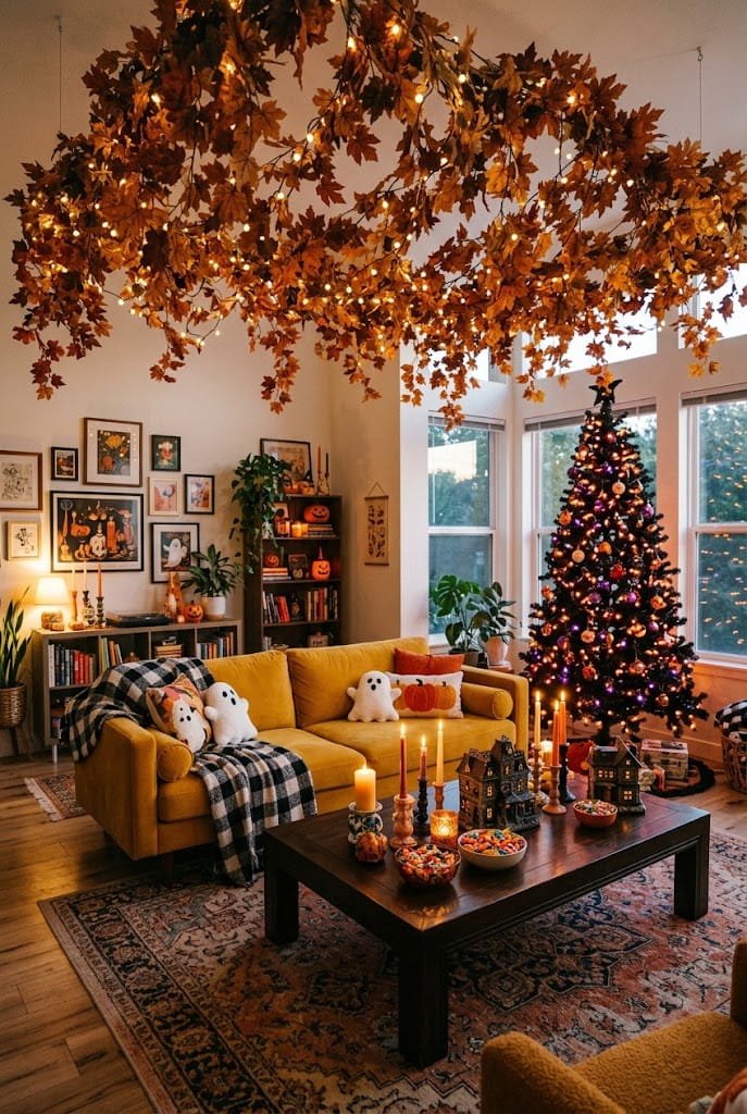 Maximalist living room with autumn ceiling canopy and black Halloween tree for living room halloween decor ideas.