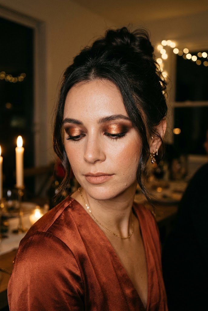 Metallic copper halo eyeshadow with warm kohl liner for christmas party eye makeup.