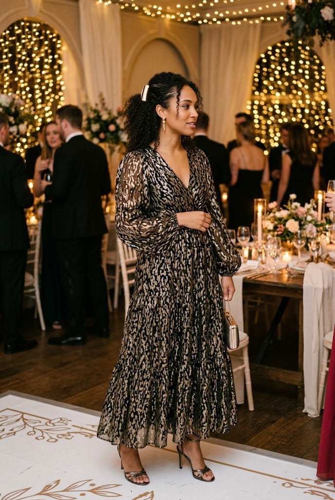 Black and gold metallic fil coupé maxi gown with balloon sleeves for chic winter wedding guest outfits.