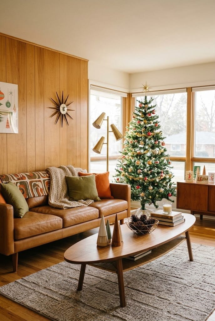 Mid-century modern living room with teak coffee table, leather sofa, and retro tree for cozy holiday living room ideas.