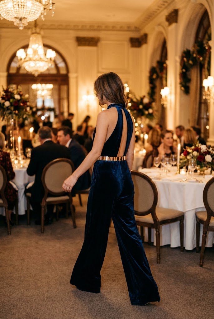 Midnight blue velvet halter jumpsuit with gold belt for classy christmas party outfits.
