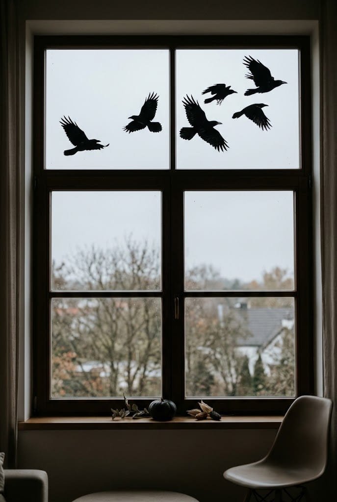 Minimalist flying black raven silhouettes for washable halloween window paint ideas.