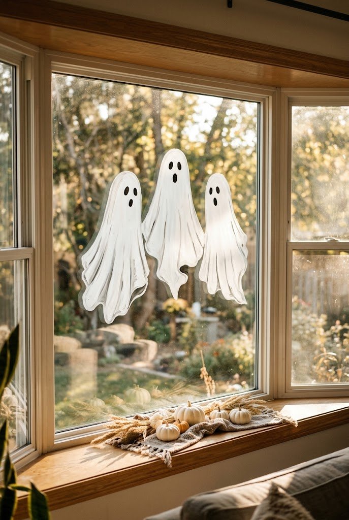 Cute white sheet ghost silhouettes painted on glass for easy halloween window painting ideas.