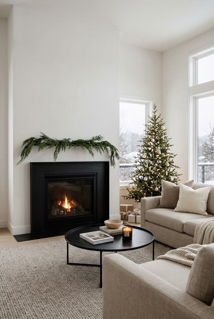 Modern black fireplace with cedar garland and oatmeal sectional couch for simple christmas living room decor.