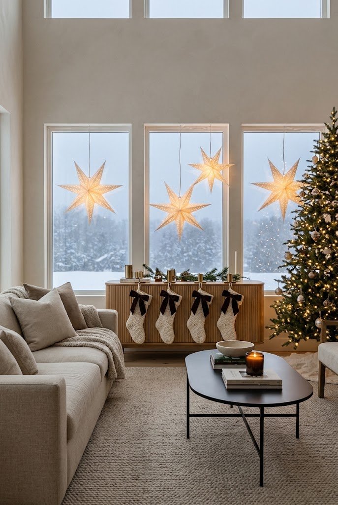 Full modern living room with fluted oak console, hanging paper stars, and linen couch for cozy christmas living room decor.