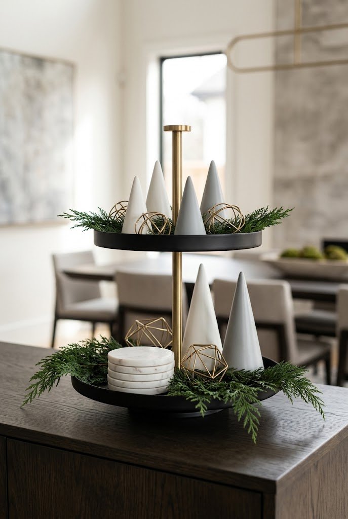 Modern black metal and brass geometric accents for small christmas tiered tray styling.