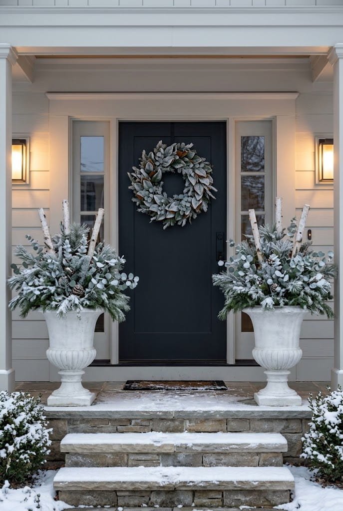 Whitewashed urn planters with silver dollar eucalyptus and birch for outdoor christmas planter ideas.