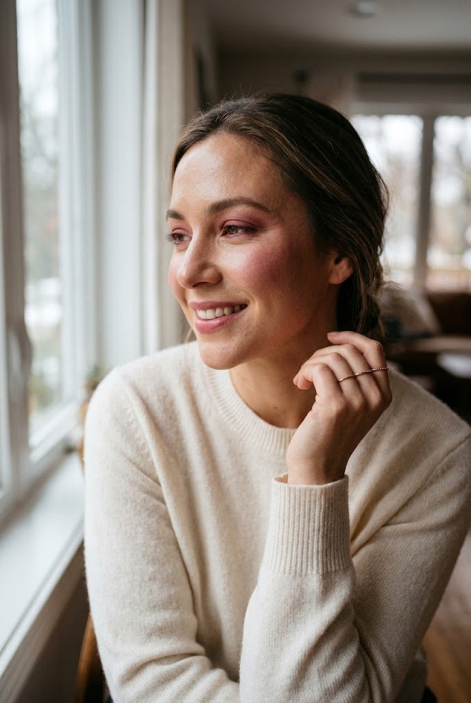 Monochrome cranberry rose eyes cheeks and lips for simple holiday makeup.