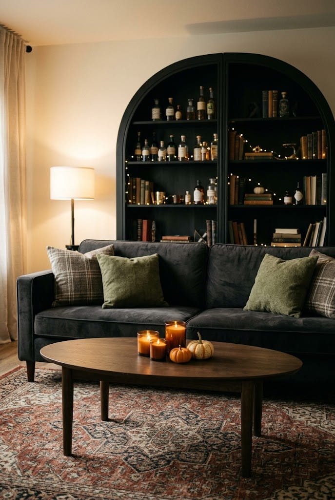 Moody dark academia living room with styled coffee table and arched bookshelf for aesthetic halloween living room decor.