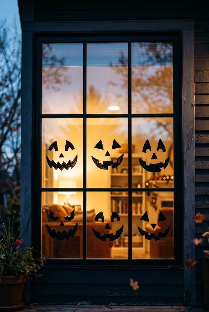 Minimalist jack-o-lantern faces painted on multi-pane grid window for halloween window painting ideas.