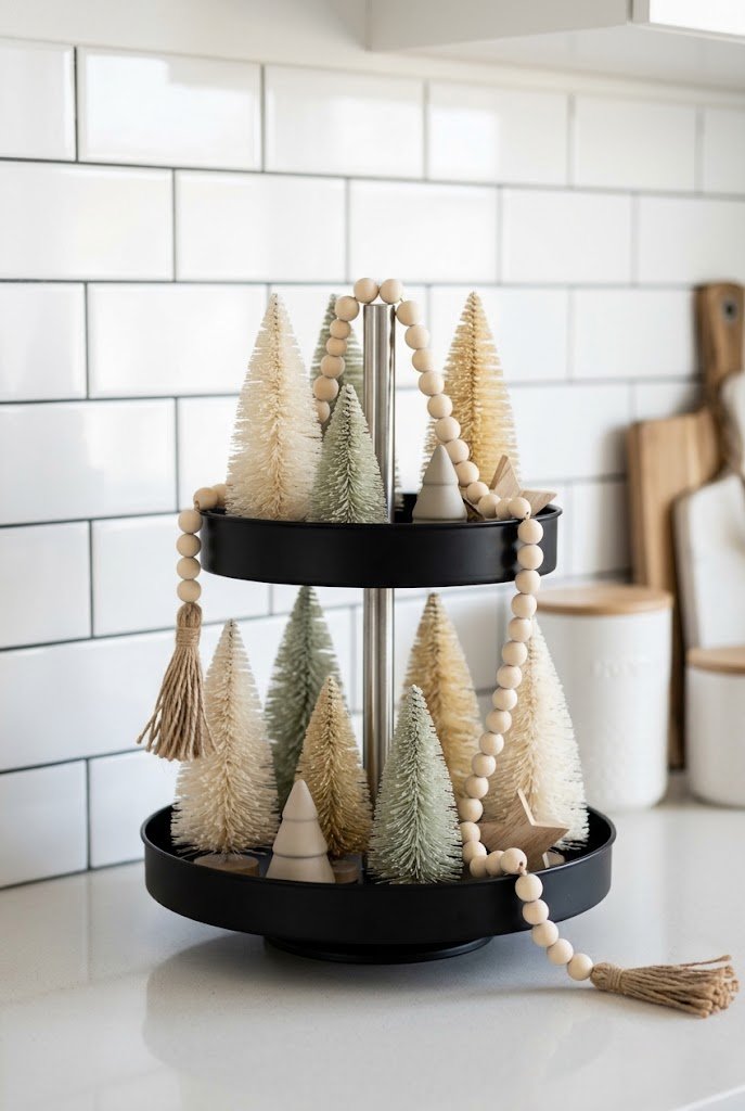 Neutral bottle brush trees on black metal tray for small christmas tiered tray styling.