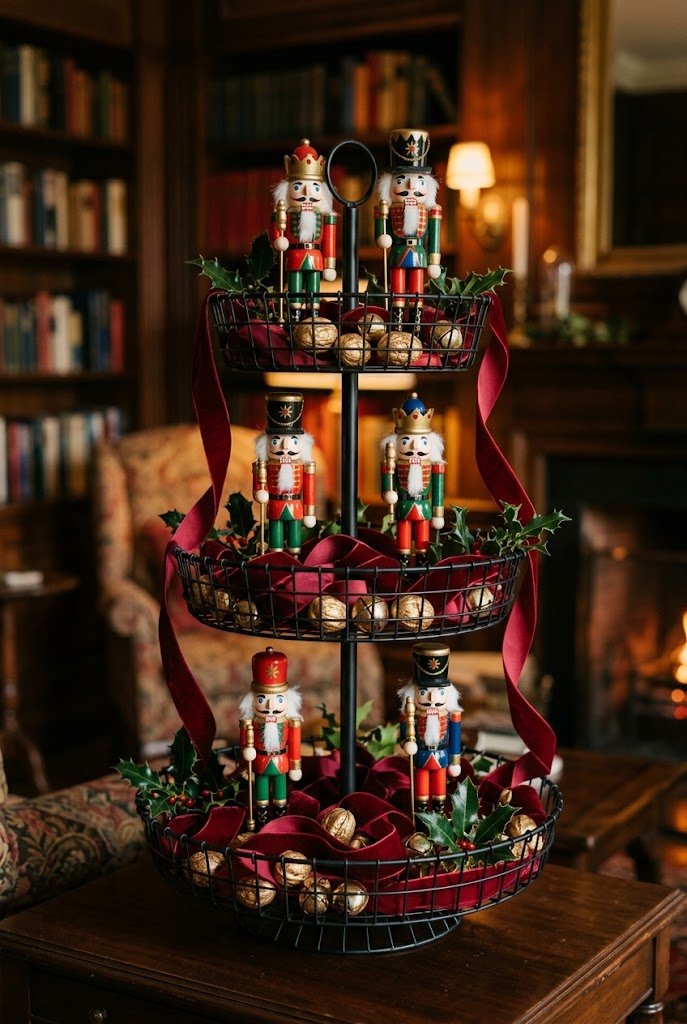 Traditional nutcracker figurines and velvet ribbons for christmas tiered tray decor ideas.