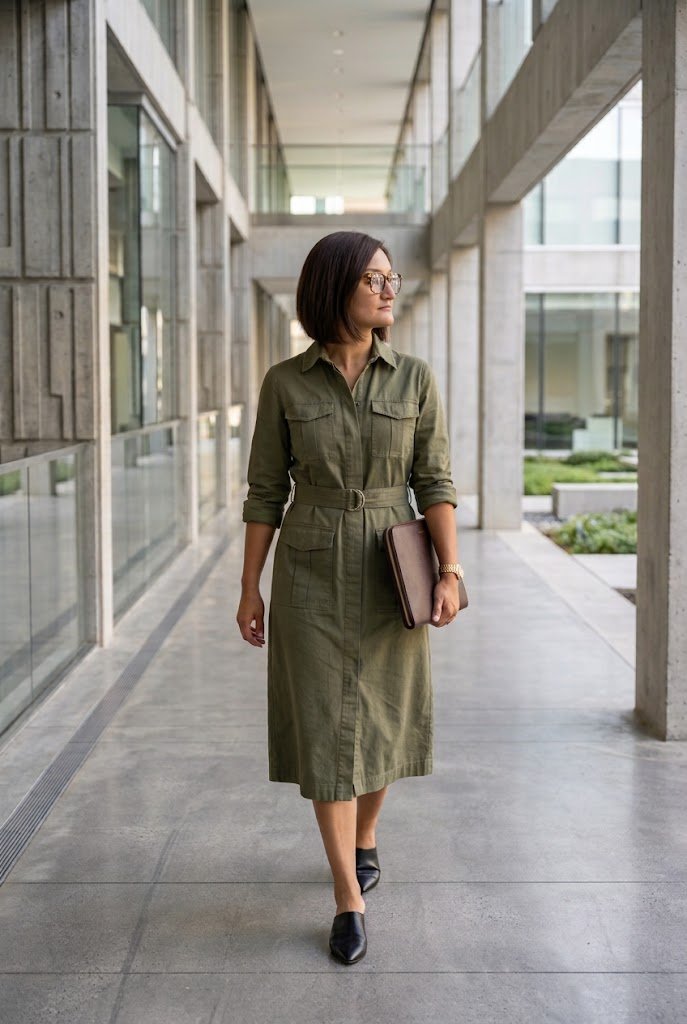 olive-utility-shirtdress-pointed-flats-office
