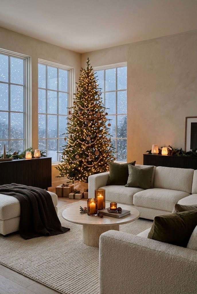 Complete organic modern Christmas living room with bouclé sofa, travertine table, and lit tree.