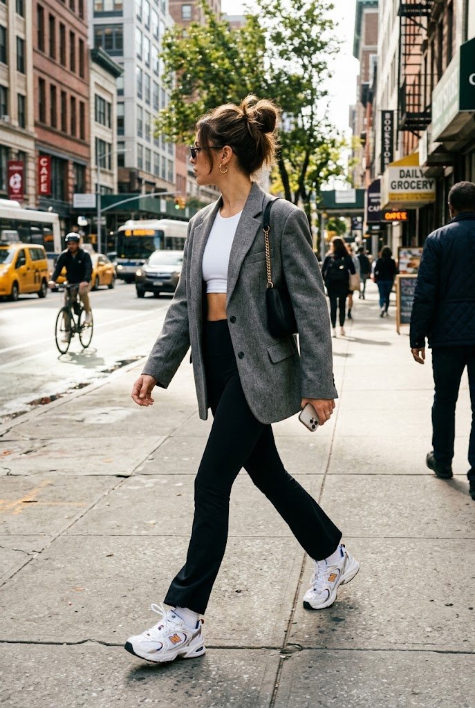 Oversized tailored blazer styled with black flare leggings and sneakers for chic flare leggings outfit ideas.