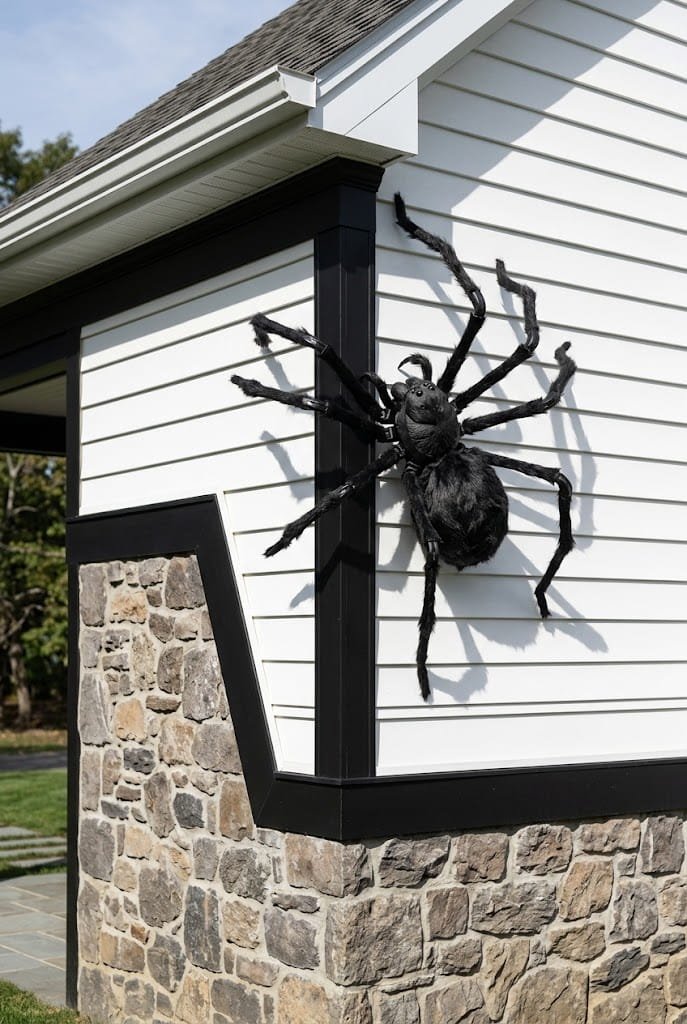 Oversized giant spider climbing exterior home siding for cute outdoor halloween decorations.