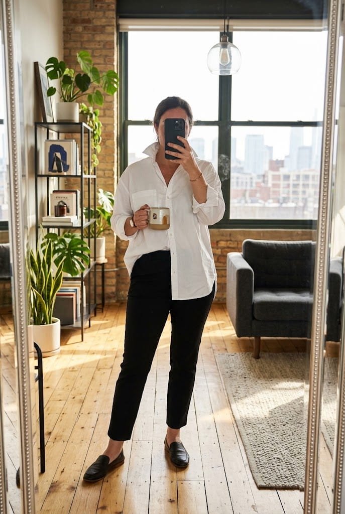 Oversized poplin shirt side-tucked into cigarette pants for smart plus size apron belly outfits.