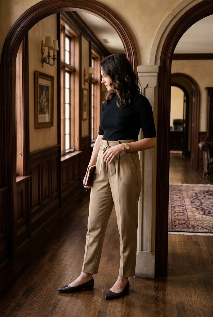 High-waisted paperbag trousers styled with a fitted long-sleeve tee for business casual Friday.