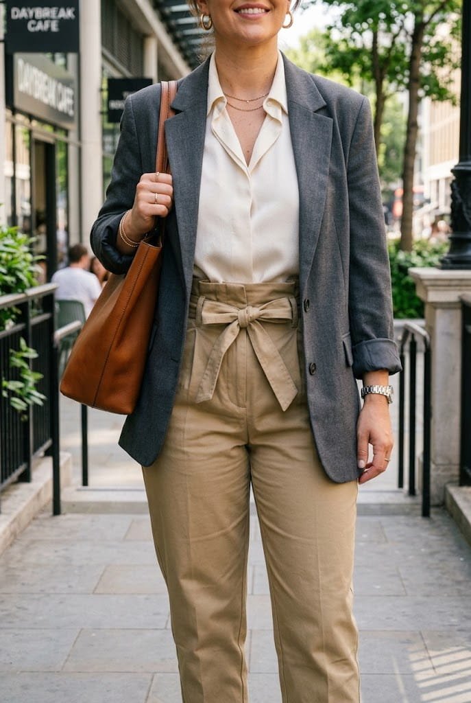 High waisted paperbag trousers paired with a silk blouse for apron belly outfits for work.