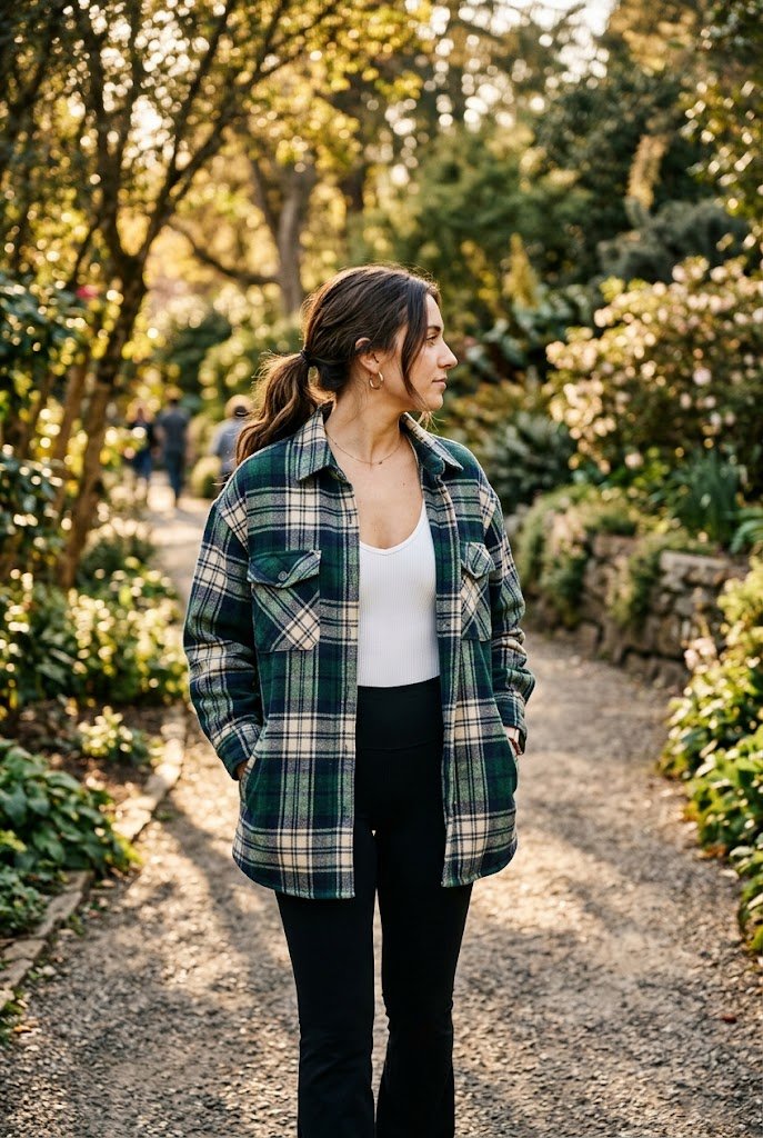 Plaid flannel shacket styled over white bodysuit with black flare leggings for casual fall outfits.