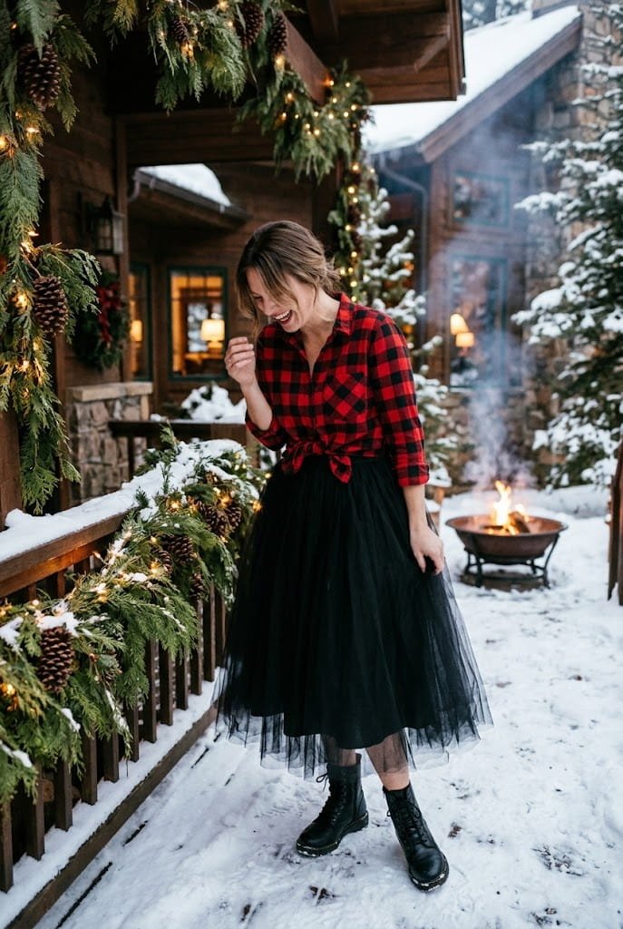 Buffalo plaid flannel shirt with black tulle midi skirt for casual christmas party outfit ideas.