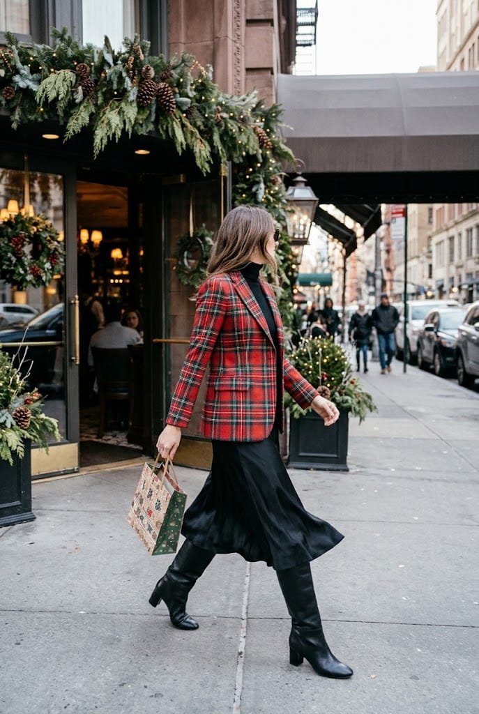 Plaid wool blazer over black turtleneck and satin skirt for work christmas party outfit.